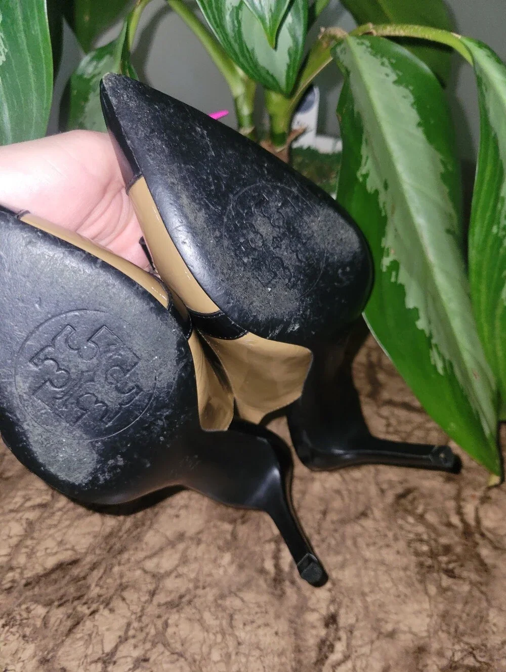 Tory Burch Leather Sling Back Pumps Black Camel 6
